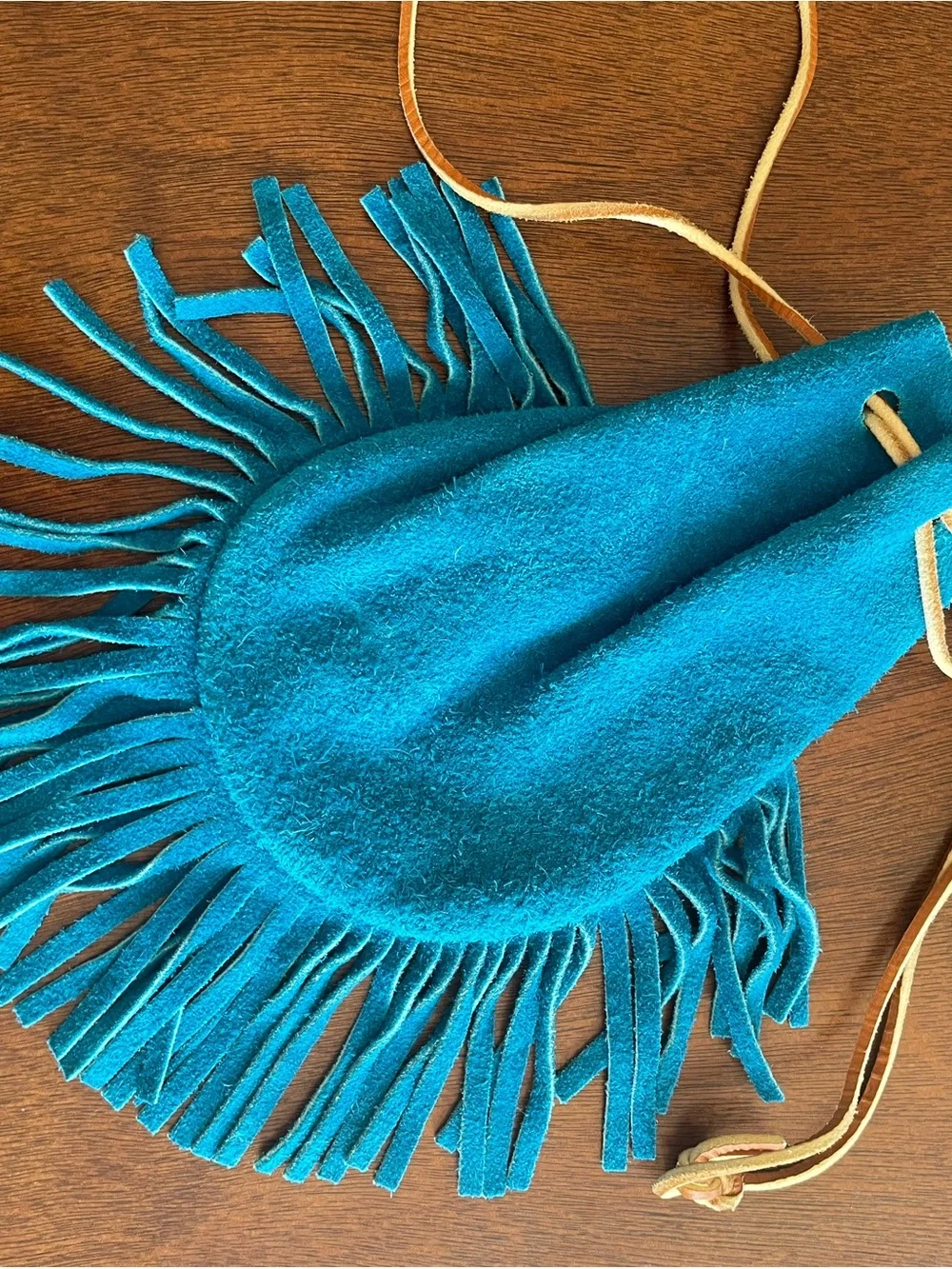 Teal Fringe Suede Drawstring Purse Hippie Festival Coachella